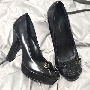 Black patented leather with fringe 4" heels